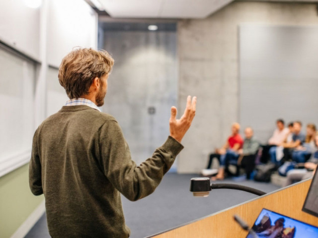 Professor giving lecture at UC Santa Barbara.