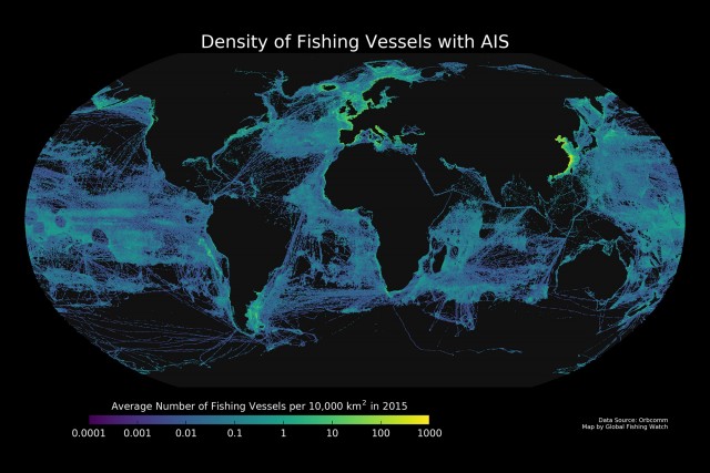 A map of average vessel density in 2015 created using AIS data. Credit: Global Fishing Watch