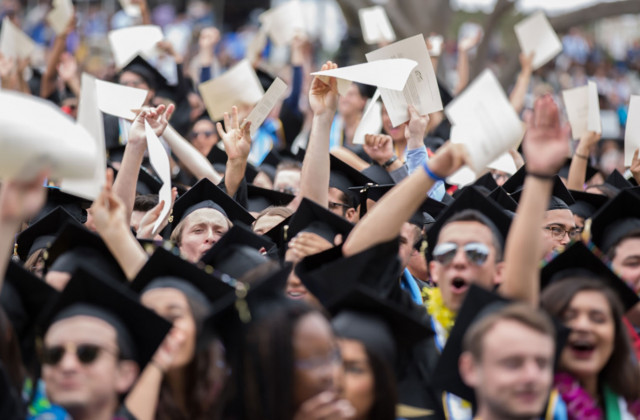 Happy crowd of grads at UCSB Commencement. Credit: Matt Perko