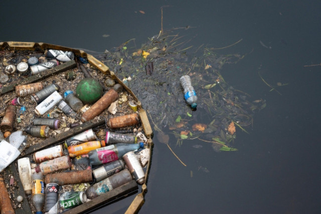 Plastic bottles and other trash collected in a river by a floating boom. Photo Credit: Diana Jarvis Photography / Alamy Stock Photo